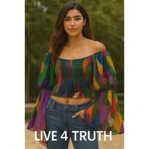 Gorgeous Off Shoulder Bell Sleeve Colorful Cropped Top Sz. M